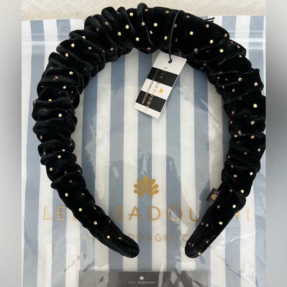 Lele Sadoughi Black Velvet Headband with Gold Accents